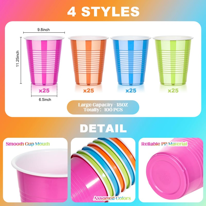 KesaPlan 100PCS 18 oz Colorful Plastic Cups in Orange, Hot Pink, Blue, and Green, Disposable Drinking Rainbow Cups Bulk for Easter Fiesta Cinco De Mayo Wedding Birthday Party Supplies - Image 5